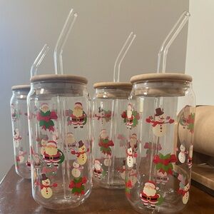 Christmas cups with glass straws - Set of 4
